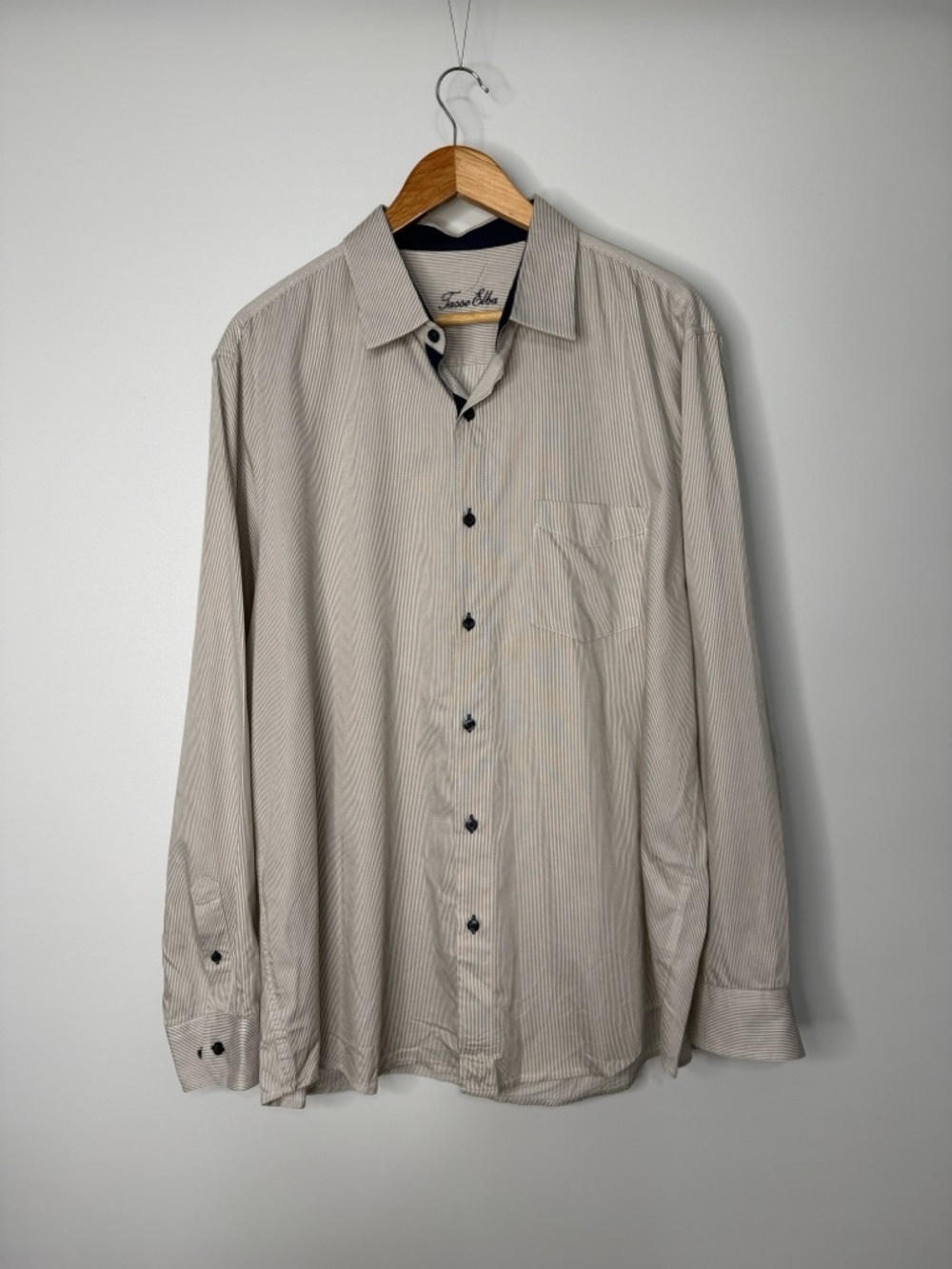 Tasso Elba Men’s Long-Sleeve Button Down Shirt - Light Taupe Pinstripe XL